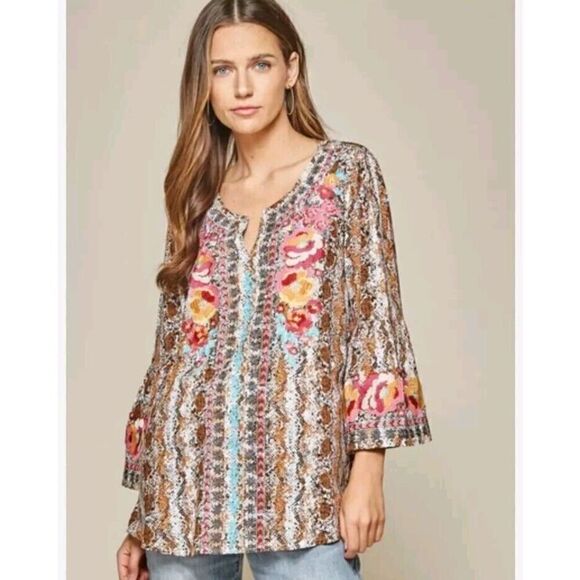 Savanna Jane Tops - Savanna Jane Snake Print Embroidered Blouse Bell Sleeves Women's Size Small